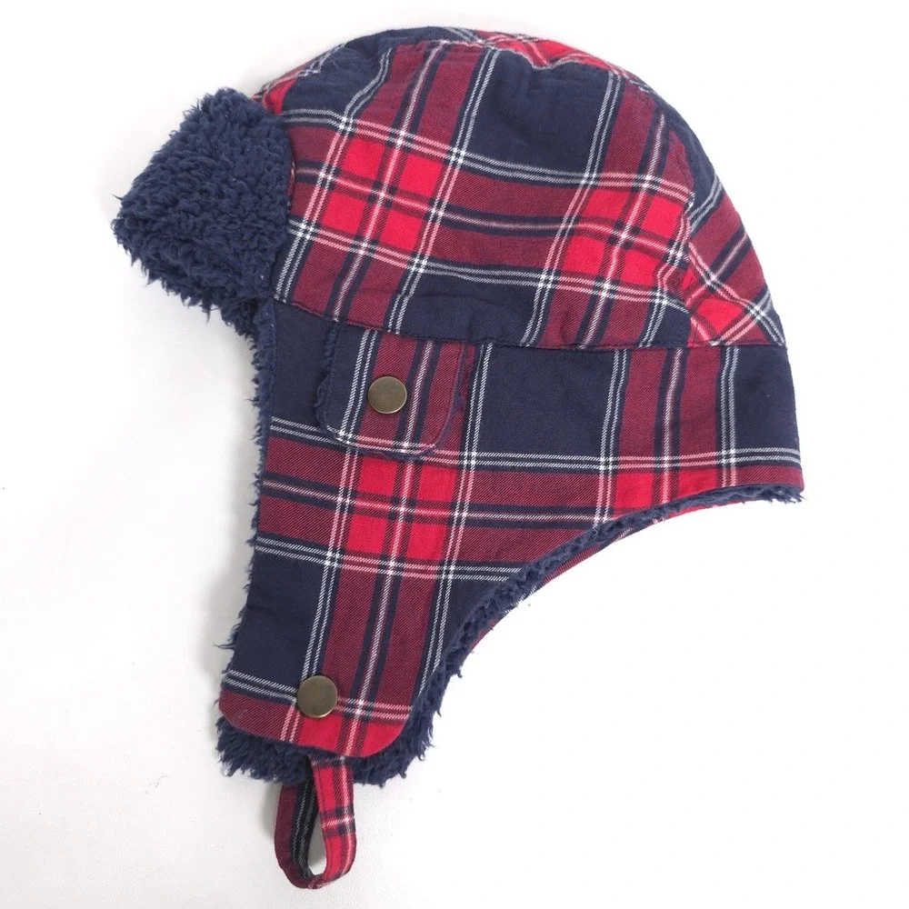 JANIE AND JACK Plaid Trapper Hat‎ Size 6 To 8 KIDS Navy Blue Red Check Cotton